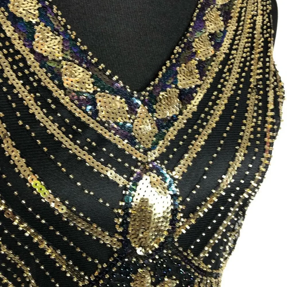Vintage black gold sequin beaded fringe trim sleeveless midi dress size Small